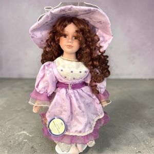 Vintage Porcelain Collector Doll in Lavender Dress and Hat, Limited Edition